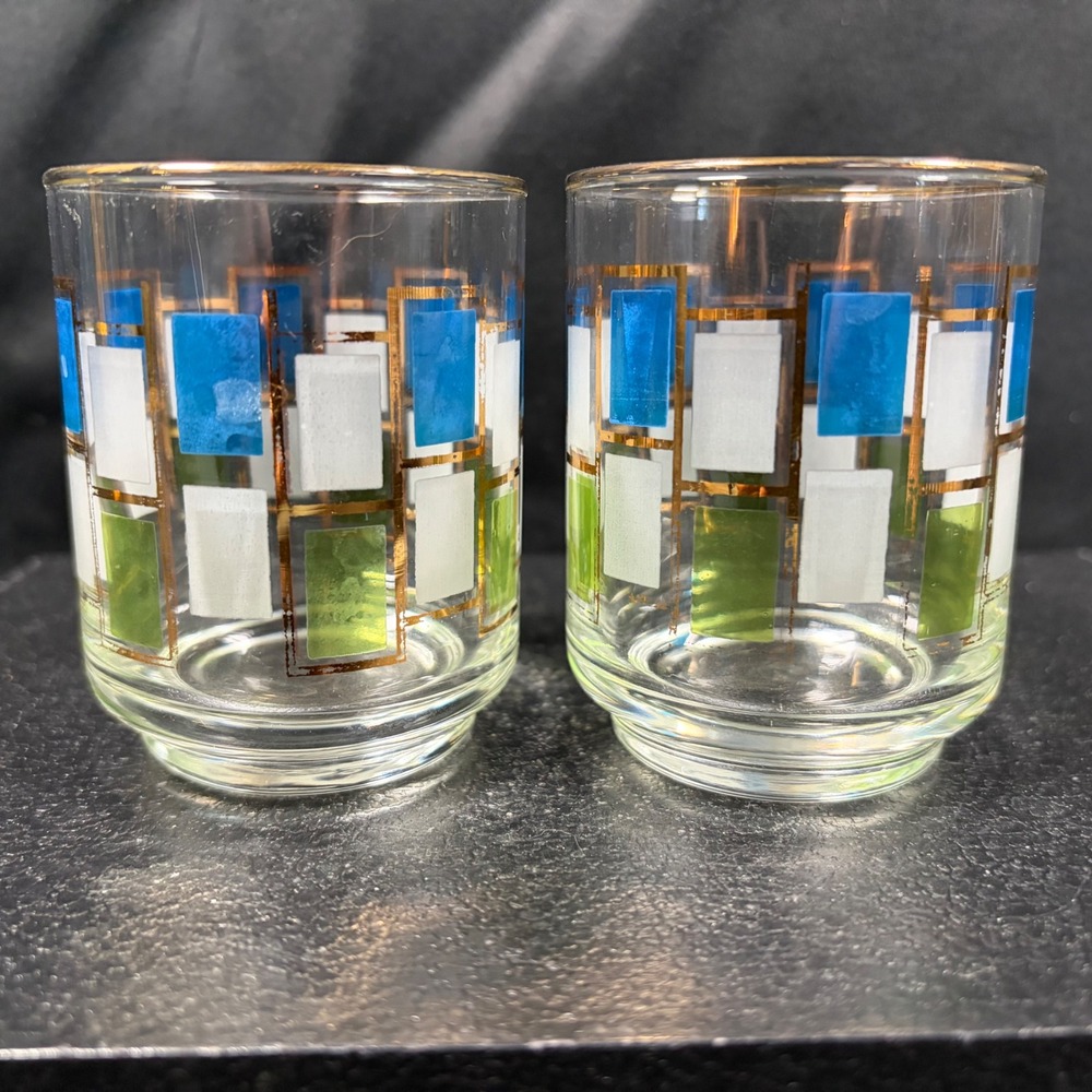 Vintage MCM Geometric Lowball Glasses Set of 2 Blue Green Gold Rectangles